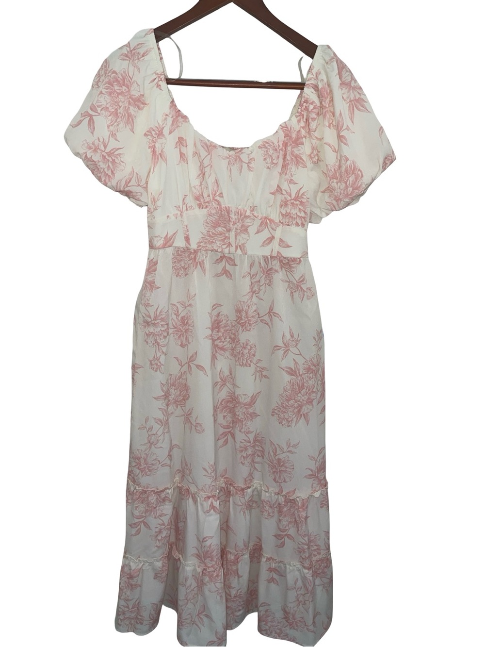Inspired Hearts Pink Floral Puff Sleeve Tiered Maxi Dress size M